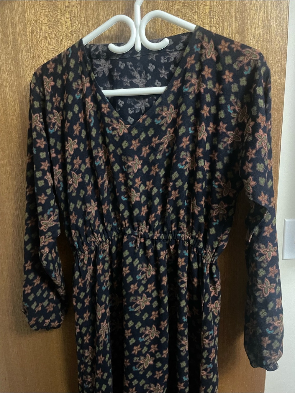 Vintage Black Floral Maxi Dress with Rust and Olive Accents